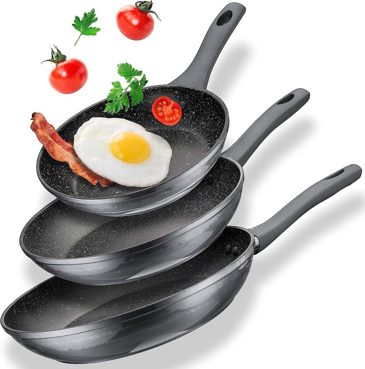 Frypans SET - Forged Alu - Non Stick Marble Coated - ø 20/24/28 cm - SILVER - Royalty Line