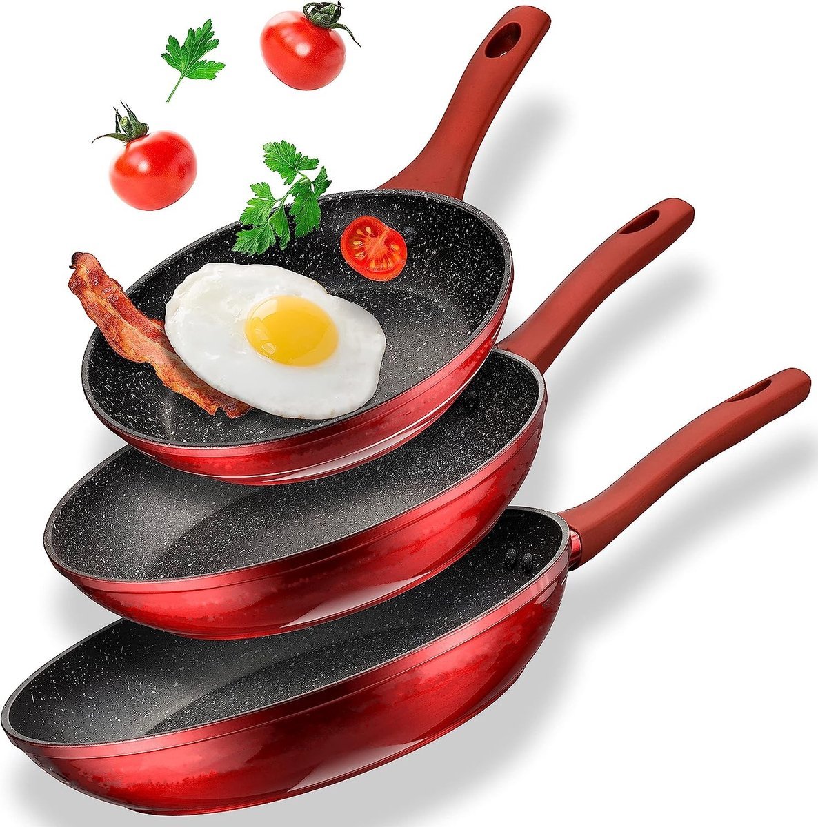 Frypans SET - Forged Alu - Non Stick Marble Coated - ø 20/24/28 cm - RED - Royalty Line