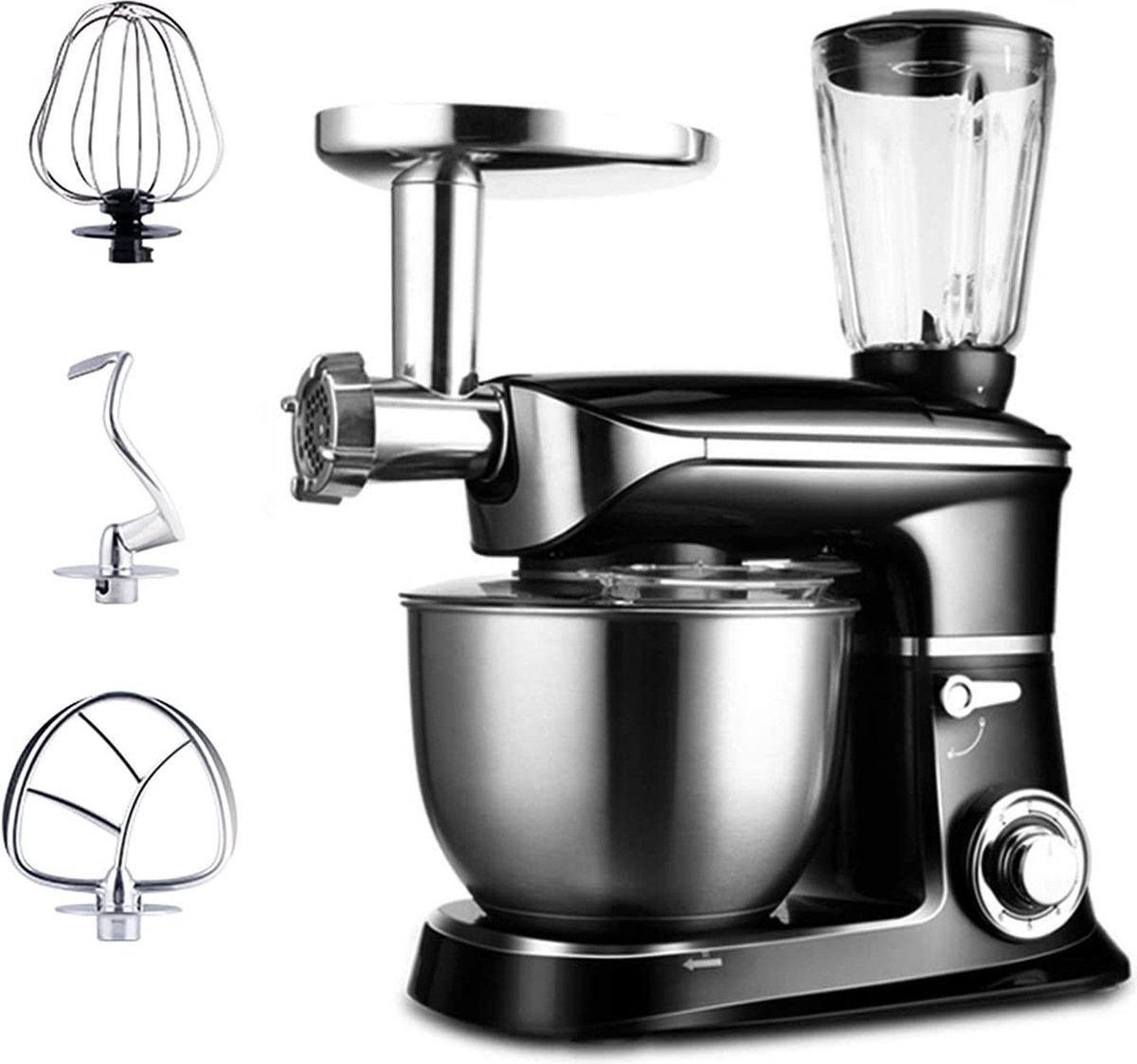 Planetary Mixer With Blender, Meat Grinder, Whisk, Dough Hook, Mixing Hook - 1900W - 6.5 Liters - Black - Royalty Line