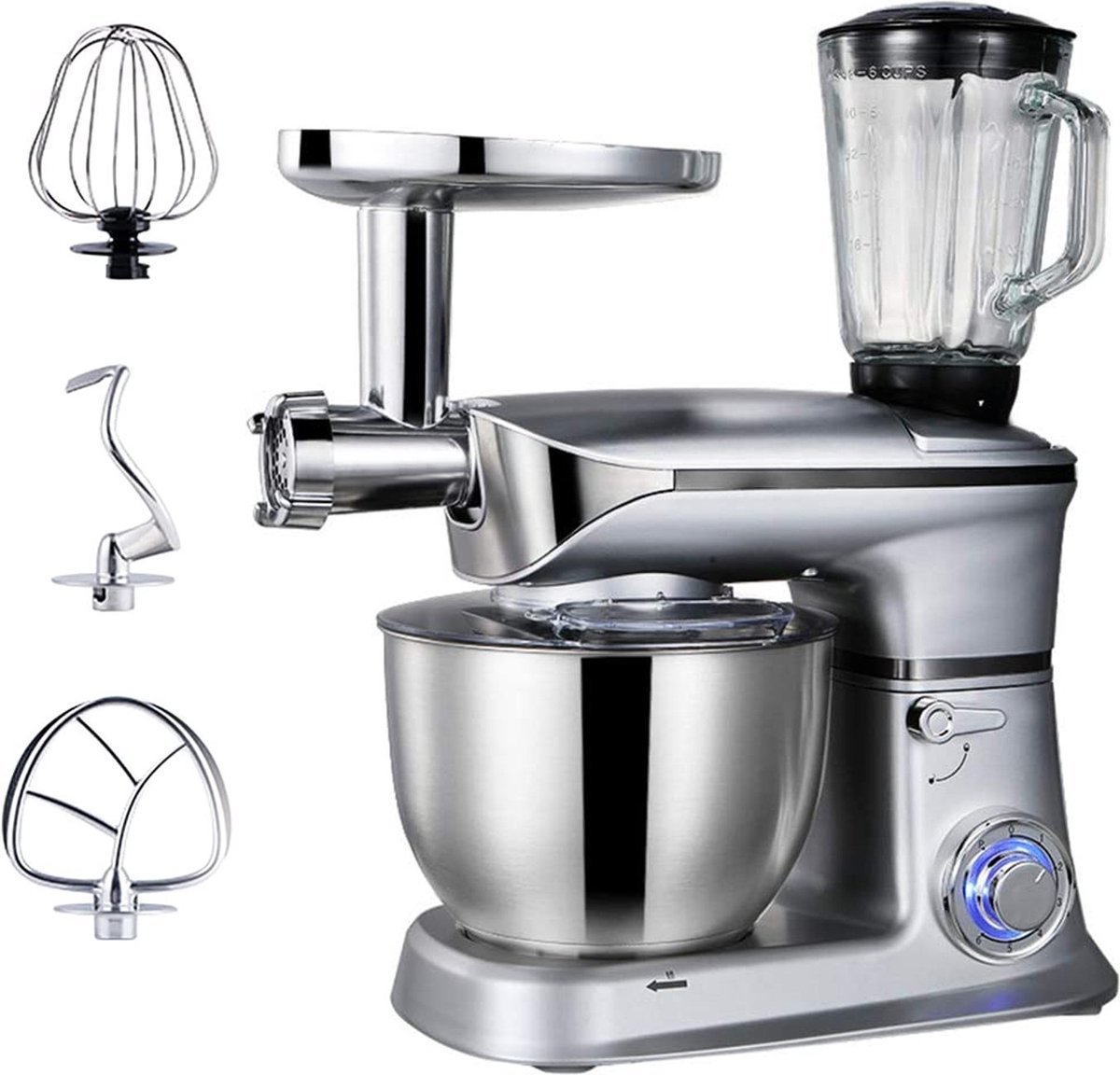 Planetary Mixer With Blender, Meat Grinder, Whisk, Dough Hook, Mixing Hook - 1900W - 6.5 Liters - Silver - Royalty Line