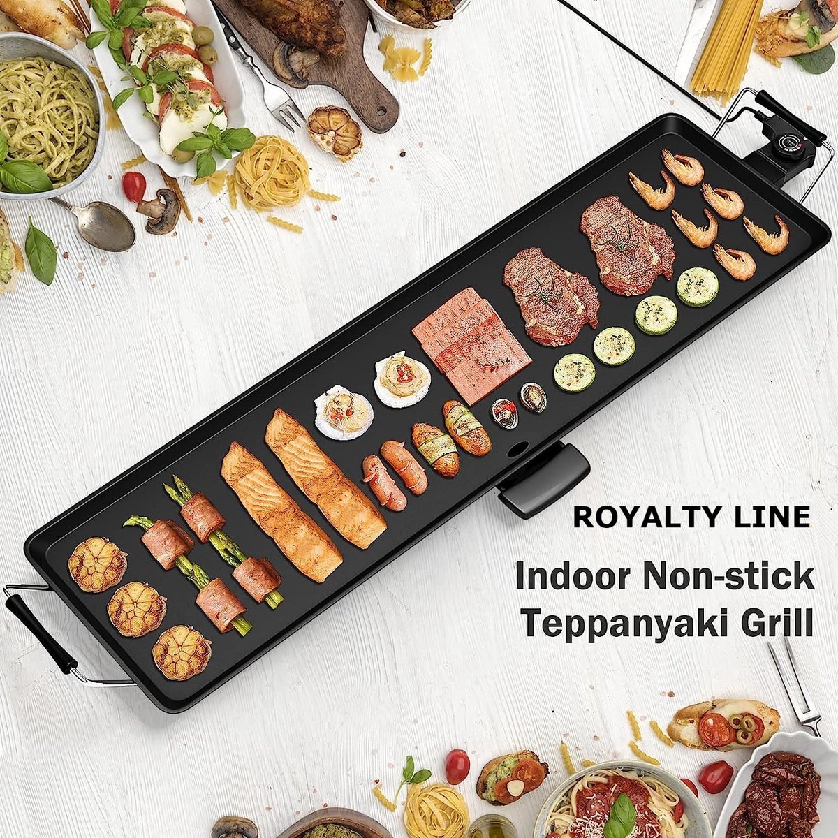 Teppanyaki Griddle XXL - Table Grill - Plancha for 8 Persons -  Non-stick Coating - 90x23 cm - 2000W - Black - Royalty Line