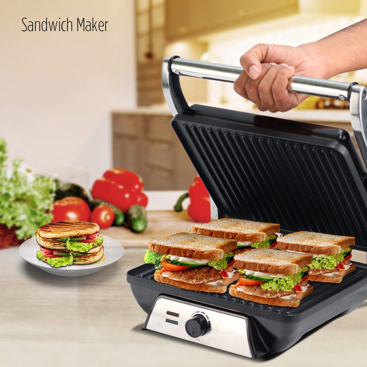 Panini Grill - Floating Top Plate - Non-stick Coating - 2000W - Adjustable Temperature - 30 x 24cm - Stainless Steel - Black - Royalty Line