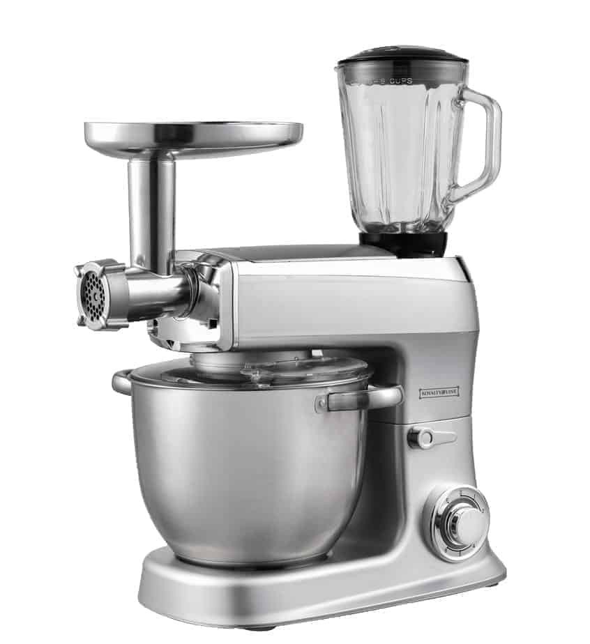 Planetary Mixer 3 in 1 With Blender, Meat Grinder, Whisk, Dough Hook, Mixing Hook - 2100W - 1.5 L Glass Jug - 7.5 Liters stainless Steel Bowl - Silver - Royalty Line