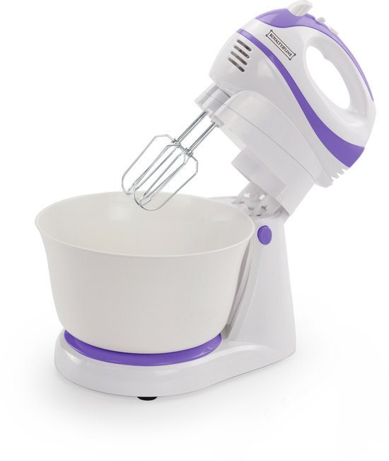 Hand Mixer with Mixing Bowl 2.5 L - 2 in 1 Kitchen Mixer with Beaters and Dough Hooks - 300W - White/Purple - Royalty Line