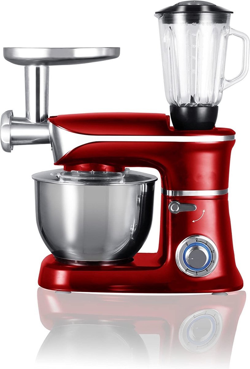 Planetary Mixer With Blender, Meat Grinder, Whisk, Dough Hook, Mixing Hook - 1900W - 6.5 Liters - Red - Royalty Line